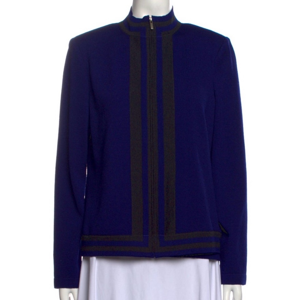 St. John Collection Blue Black Colorblock Pattern Mock Neck Sweater SET Size: M